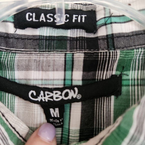 Carbon ButtonUp Shirt Mens M Long Sleeve Green Plaid Pearl Button Pocket Western - Picture 2 of 9